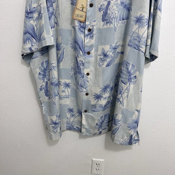 Caribbean Shirt Mens Sz 4XB Blue White Palm Leaves Silk Blend Hawaiian Button-Up - Picture 3 of 10